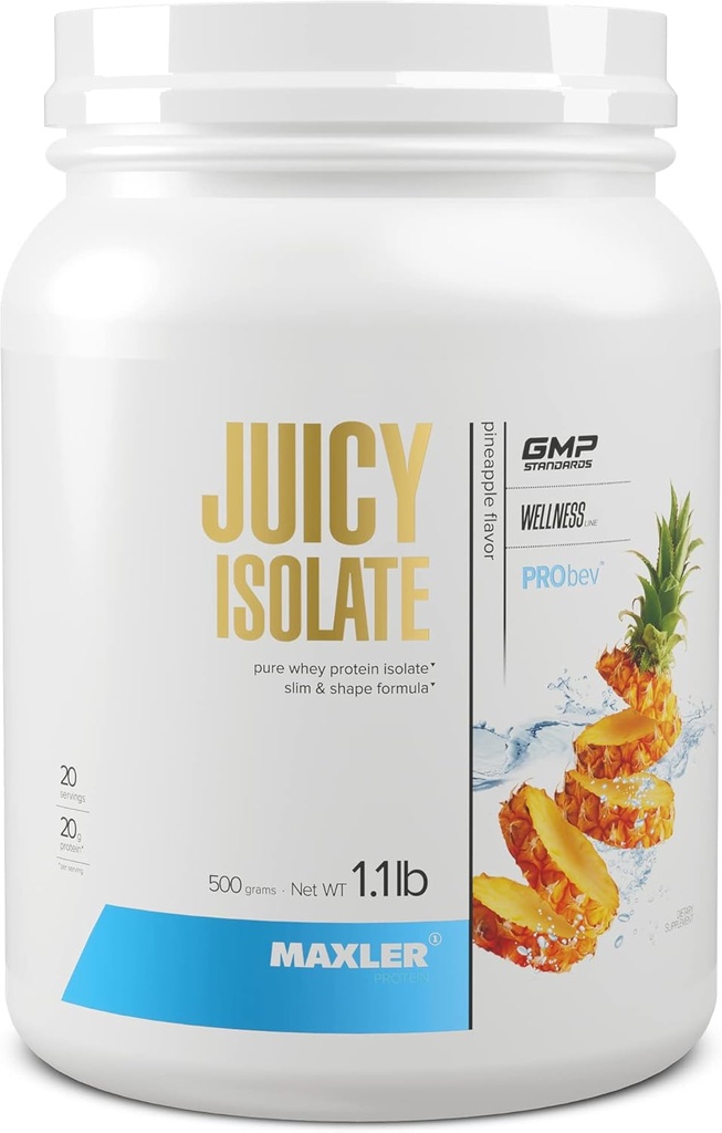 Maxler Juicy Isolate valgu pulber - selge vadaku isolaat - madal laktoos, rasvavaba, suhkruvaba lihaste taastamise jook enne ja pärast treeningut - 90% proteiinist serveerimise kohta - ananassi 1.1lb (20 serveerimist)