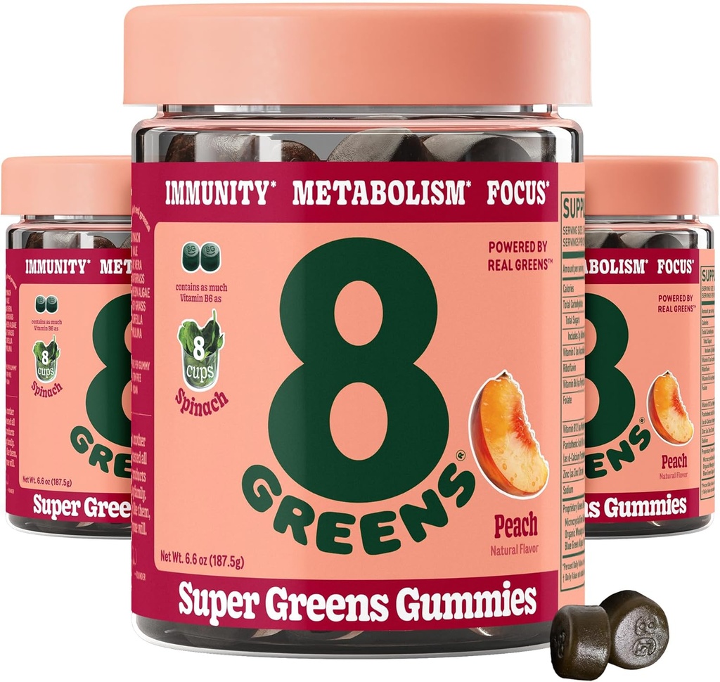 8Greens Supergreens Gummies | メタボリズム、免疫&フォーカス、消化の健康酵素、有機: クロレラ、スピルリナ、アロエベラ、ピーチ風味、150カウント