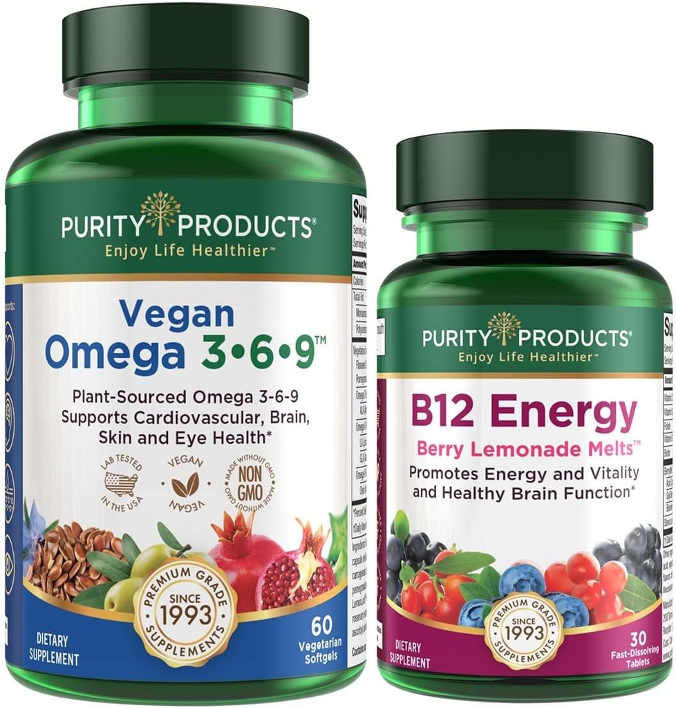 Tisztasági termékek Bundle - Vegan Omega 3- 6- 9 + B- 12 Energy Melt Omega 3- 6- 9 ("5 in 1" Plant- alapú Omega 3 6 9 Essential Fatty Acid Complex) - B12 Berry Olvad (Metilkobalamin B12 + B6 + D3 + More)