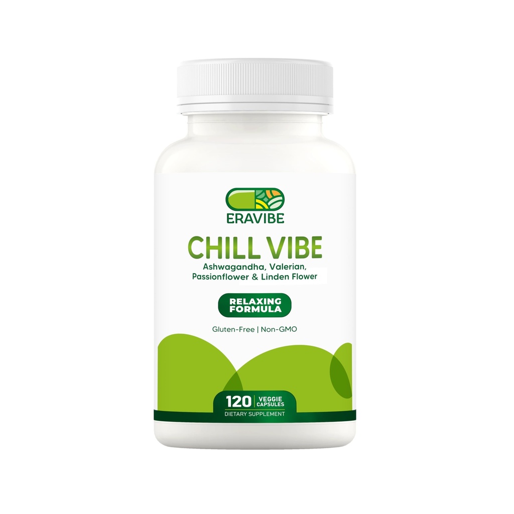 Chill Vibe Herbal Blend with Ashwagandha, Valerian, Passionflower, Linden Flower & Vitamin B6, Supports Calm & Relaxation, 120 Veggie Capsules, Non-GMO, Gluten-Free