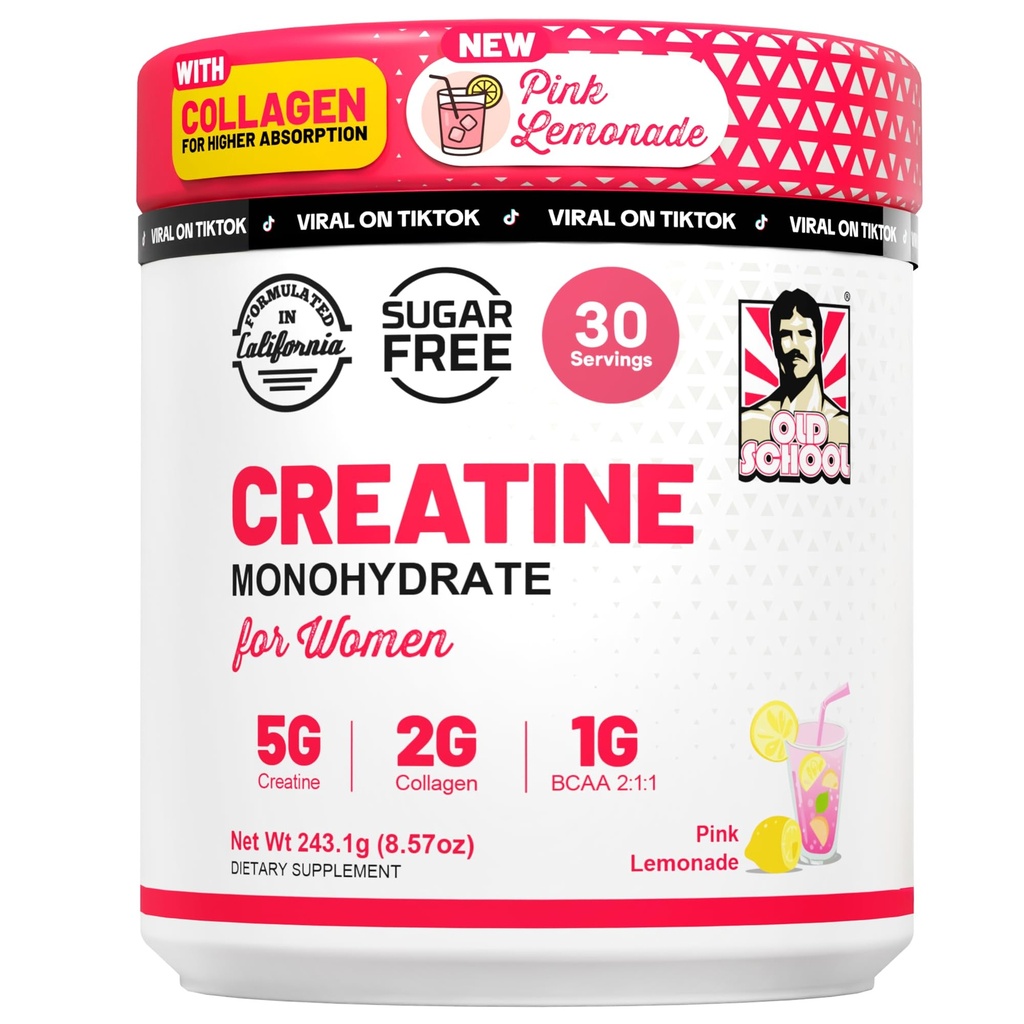 Old School Labs Creatine for Women–Post-Workout Supplement with 5000mg Creatine Monohydrate Powder, 2000mg Collagen & BCAA 2:1:1 for Strength Support & Recovery– Pink Lemonade - 8.57 Ounce (Pack of 1)
