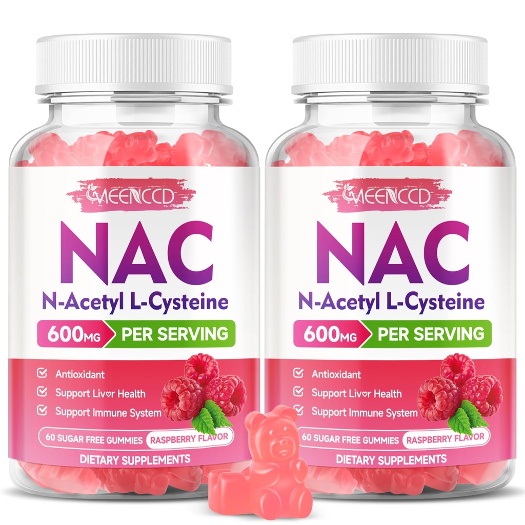 MEENCCD 2 Pack NAC Gummies, N Acetyl Cysteine 600mg NAC Supplement for Antioxidants & Immune Support, Sugar-Free, Raspberry Flavor, 120 Count