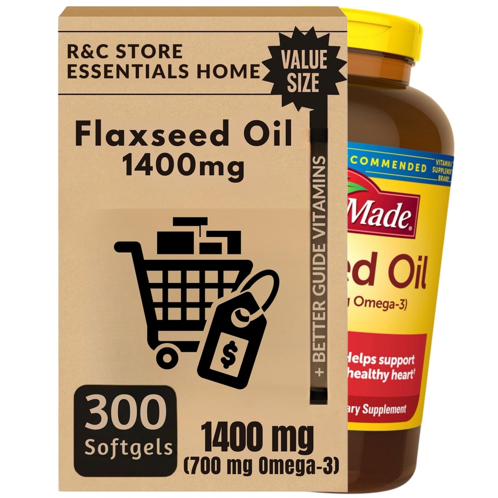 Nature Flaxseed Oil Capsules 1400mg (300 Softgels) | Plant-Based Omega-3 ALA | Bundle with Essential Vitamins Guide by R&C Store