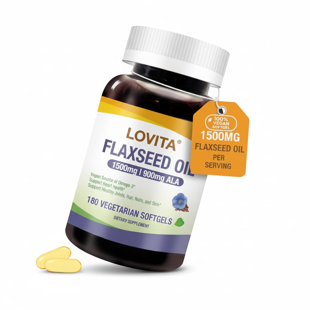 LOVITA Vegan Flaxseed Oil 1500mg with 900mg ALA Omega-3 6 9, Cold-Pressed Flax Seed Supplement, Support Heart, Brain, Joint & Skin Health, Non-GMO & Gluten Free, 180 Softgels