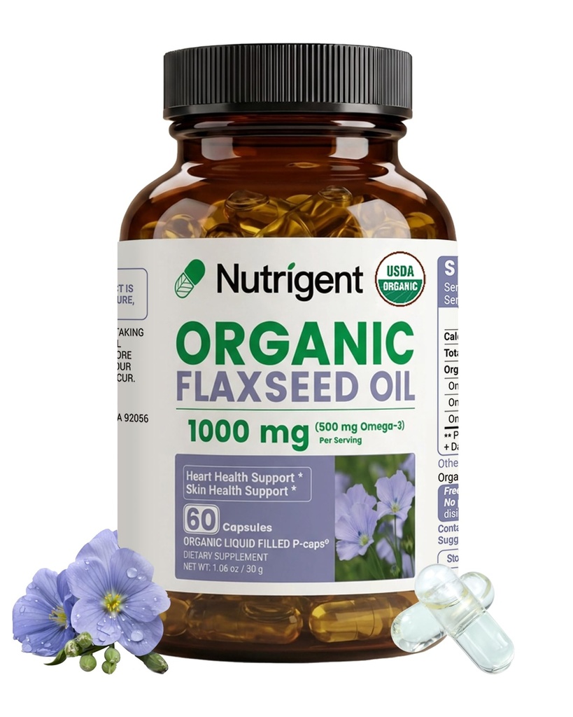 USDA Certified Organic Flaxseed Oil 1000 mg, Cold Pressed 100% Pure with Plant-Based Omega 3 ALA Essential Fatty Acids for Heart & Skin Health, 60 Capsules