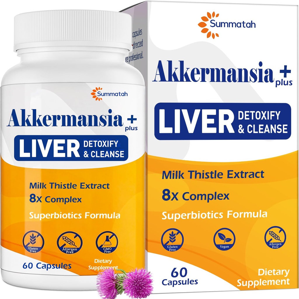 Liver Detoxify Repair & Cleanse, 20 Billion Afu Akkermansia Probiotic with Milk Thistle, Dandelion & Turmeric, 8-in-1 Herbal Formula for Liver Support & Renew, Antioxidant, Gut & Skin Health, 60 Caps