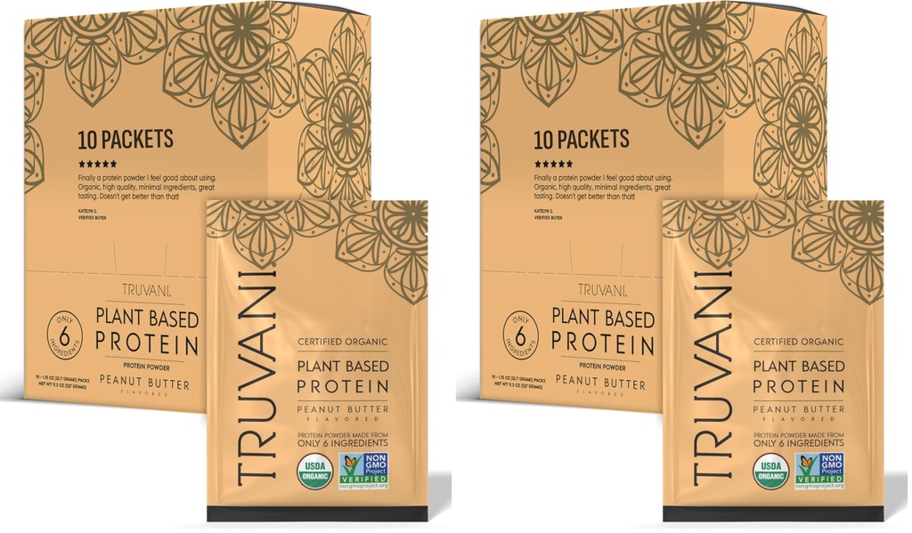 Truvani Vegan Pea Protein Powder | Peanut Butter | 20g Organic Plant Based Protein | Single Serving Travel Packets | 10 Servings | Keto | Gluten & Dairy Free | Low Carb | No Added Sugar (Pack of 2)