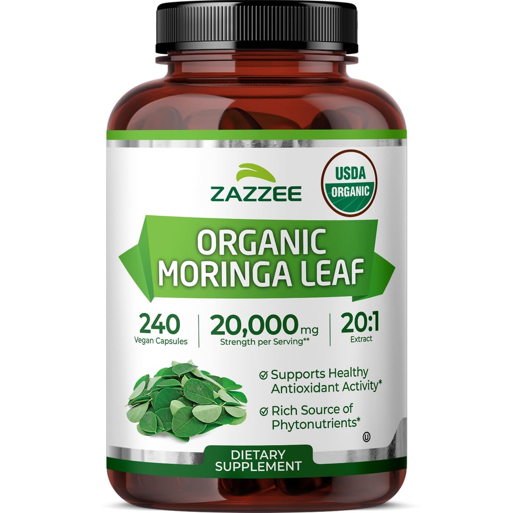 Zazzee USDA Organic Moringa Leaf 20:1 Extract, 1000 mg Per Serving, 240 Vegan Capsules, 4 Month Supply, Certified Kosher, Moringa Oleifera, Antioxidant, Immune & Cellular Support, Made in the USA