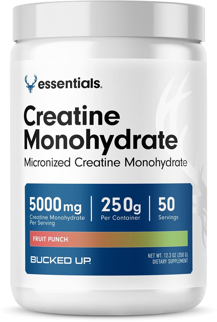 Bucked Up Fruit Punch Creatine for Women and Men - Easy to Mix Vegetarian - Flavored Creatine Monohydrate Powder - Made in USA - 5G Per Serving - 50 Servings - 250 Grams Per Container