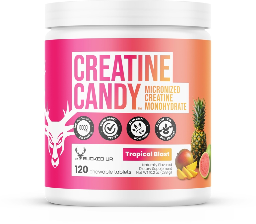 Bucked Up Creatine Candy Tropical Blast | Micronized Creatine Monohydrate | 120 Chewable Tablets, 24 Servings | Fizzy Creatine No Water Needed | Non GMO Gluten Free Third Party Tested