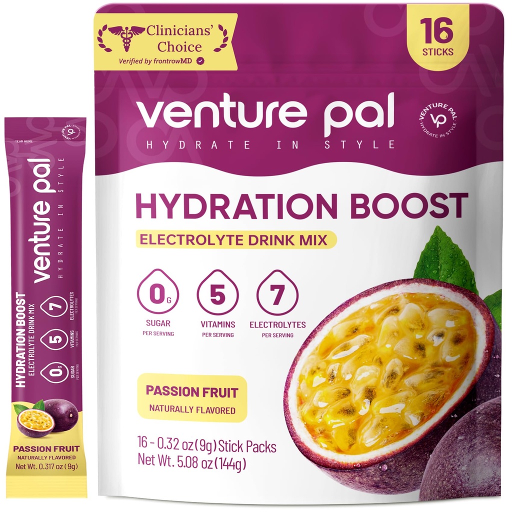 Venture Pal Sugar Free Electrolyte Powder Packets - Liquid Daily IV Drink Mix for Rapid Hydration & Party Recovery | 5 Vitamins & 7 Electrolytes| Keto Friendly | Non-GMO | Certified Vegan | 16 Sticks