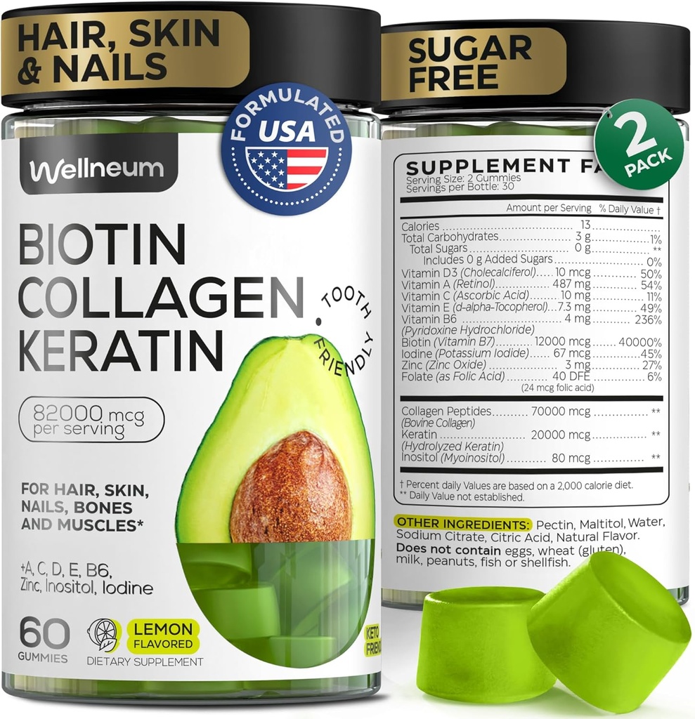 Biotin and Collagen Peptide Gummies for Hair Growth, Skin and Nails 120 Pcs (2 Pack) - 82000 Mcg - Biotin Chewables with Keratin Max Strength - Gummies for Women and Men - Sugar Free