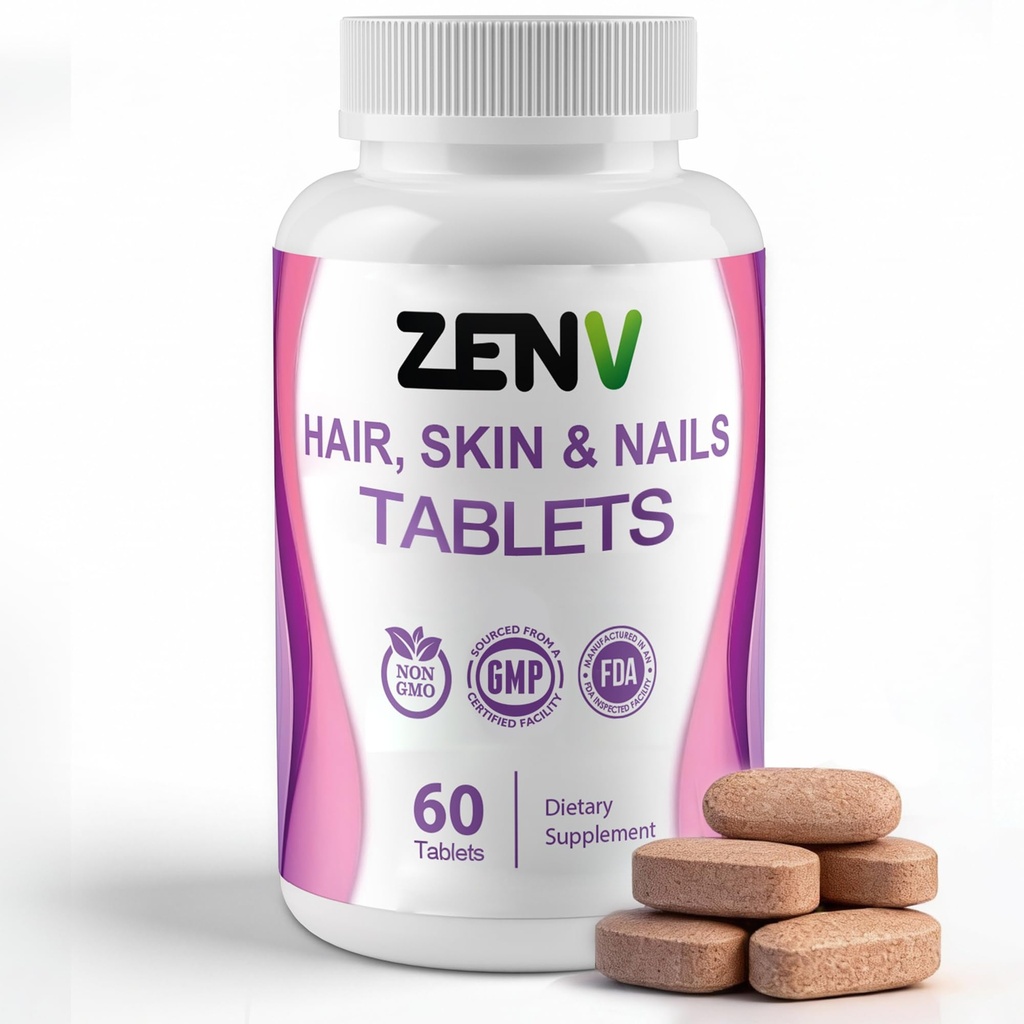 ZENV Hair Skin & Nails Tablets - 60ct Non-GMO Dietary Supplement with Biotin 5000mcg, Vitamin C, E & Pantothenic Acid