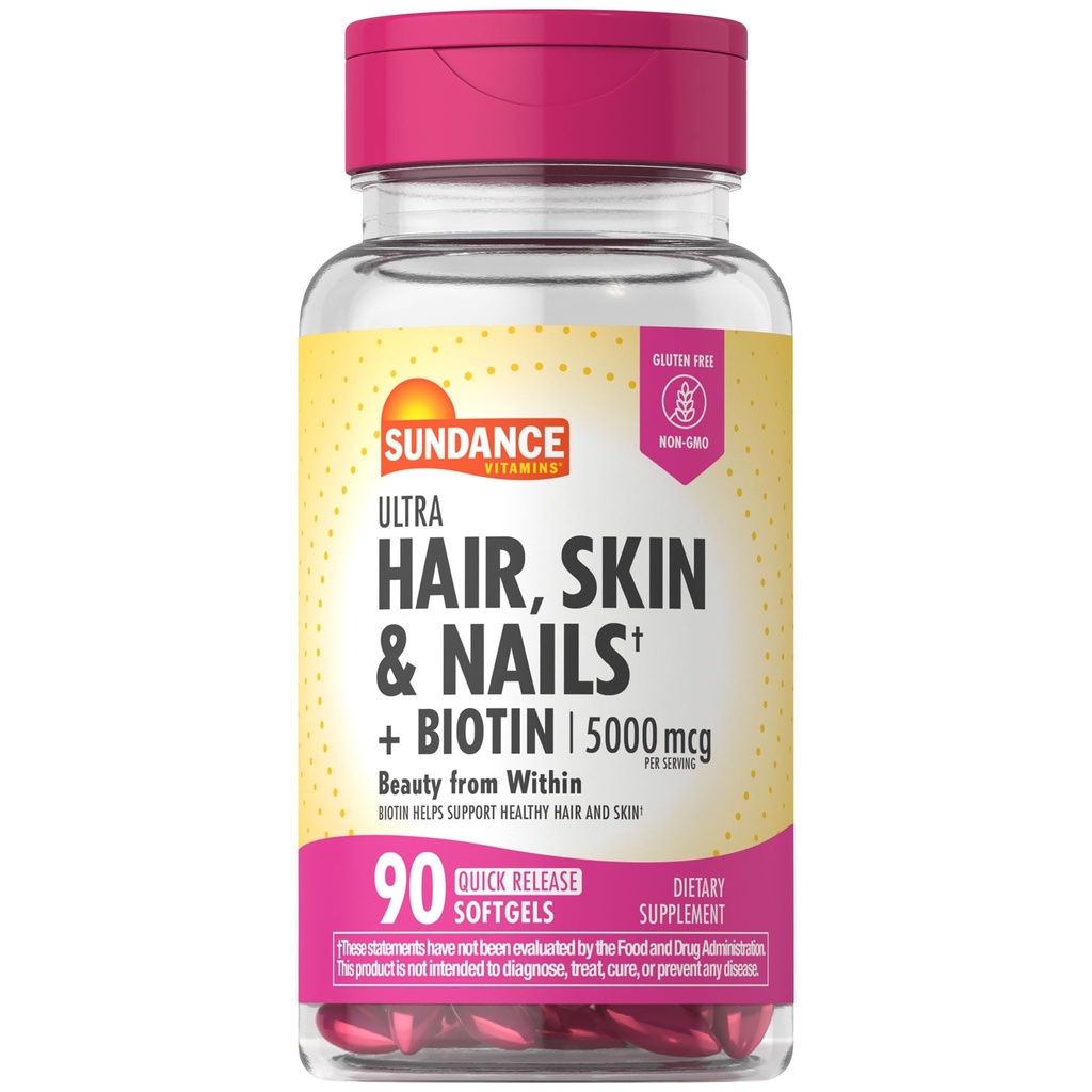 Sundance Hair, Skin & Nails Complex | 90 Softgels | with Biotin 5000mcg | Non-GMO and Gluten Free Vitamin Supplement