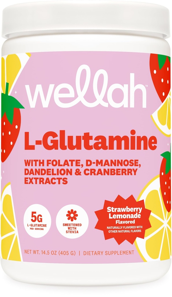 Wellah L-Glutamine Strawberry Lemonade Flavored (50 Servings) - 5g L-Glutamine Per Serving, Sweetened with Stevia