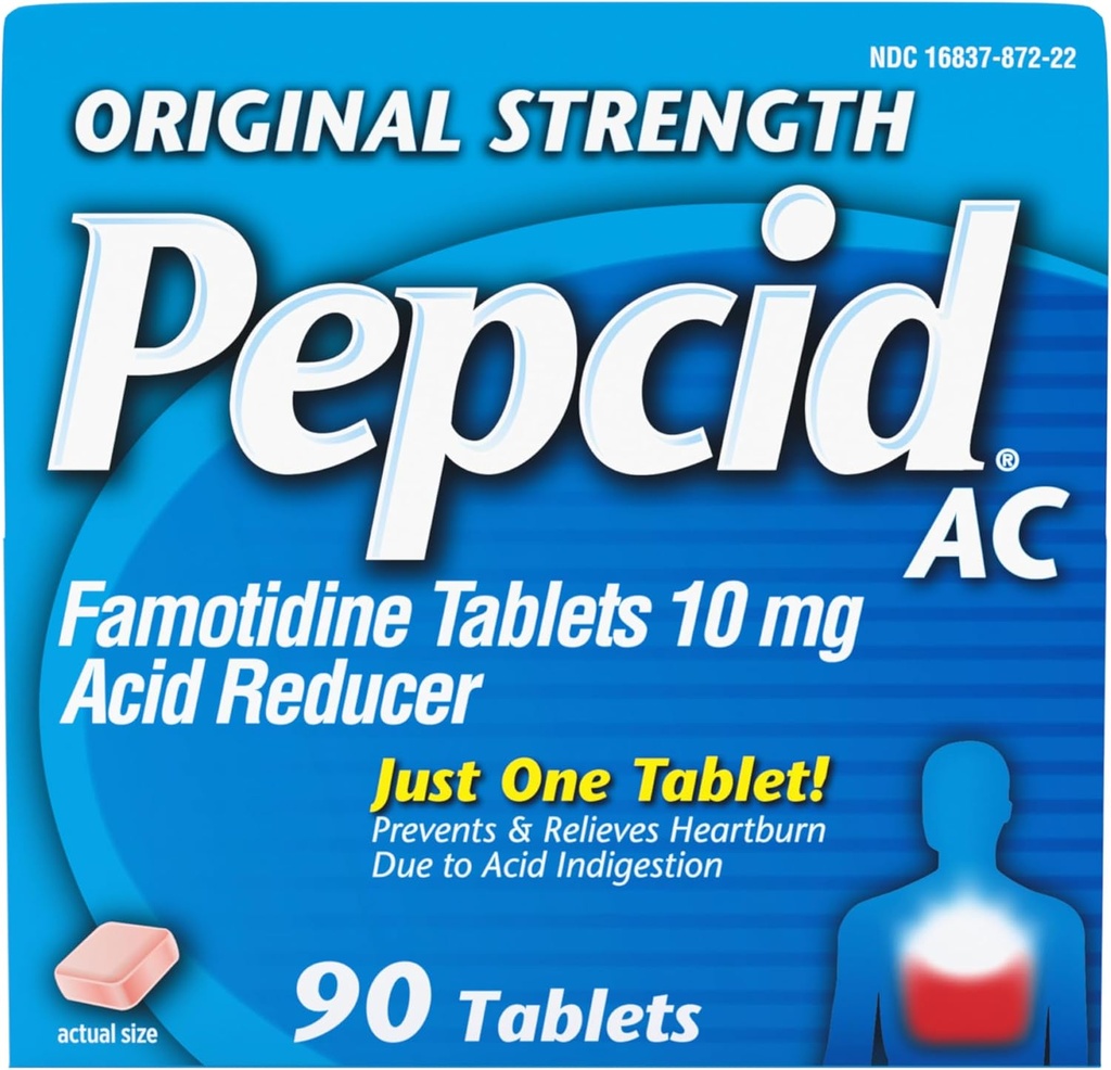 Pepcid AC Força original Azia alívio comprimidos, OTC medicina previne e alivia azia devido à indigestão ácida e estômago azedo, 10mg Famotidina redução de ácido, rápida-ação, 90 ct