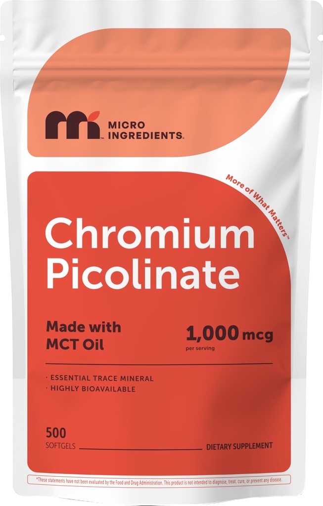 Micro Ingredients Chromium Picolinate 1,000 mcg Per Serving, 500 Softgels, 1 Year Supply | Chelated Essential Mineral Supplement with MCT Oil | Non-GMO