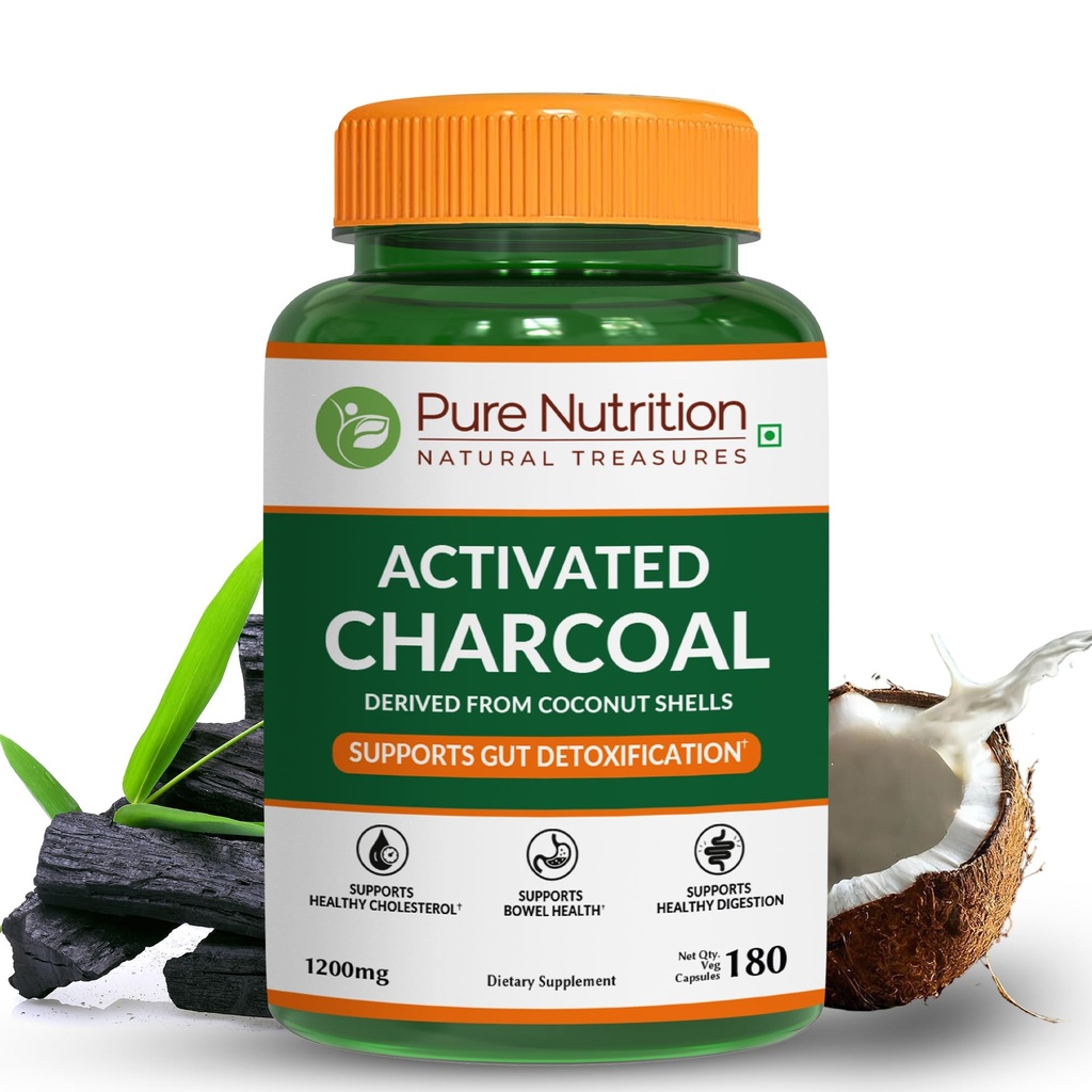 Pure Nutrition Activated Charcoal 600mg - Coconut Shell Derived | 180 Veg Caps | Activated Charcoal Helps Support Digestion and General Wellness*| Non-GMO.