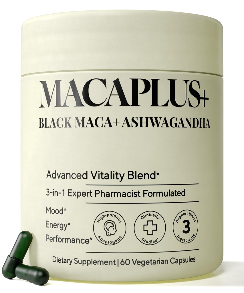 Organic Peruvian Black Maca Root Capsules - 1,500mg 40X Strength with Ashwagandha & Fenugreek - 3-in-1 Adaptogen Complex for Women & Men - Non-GMO Vegan (60 Ct)