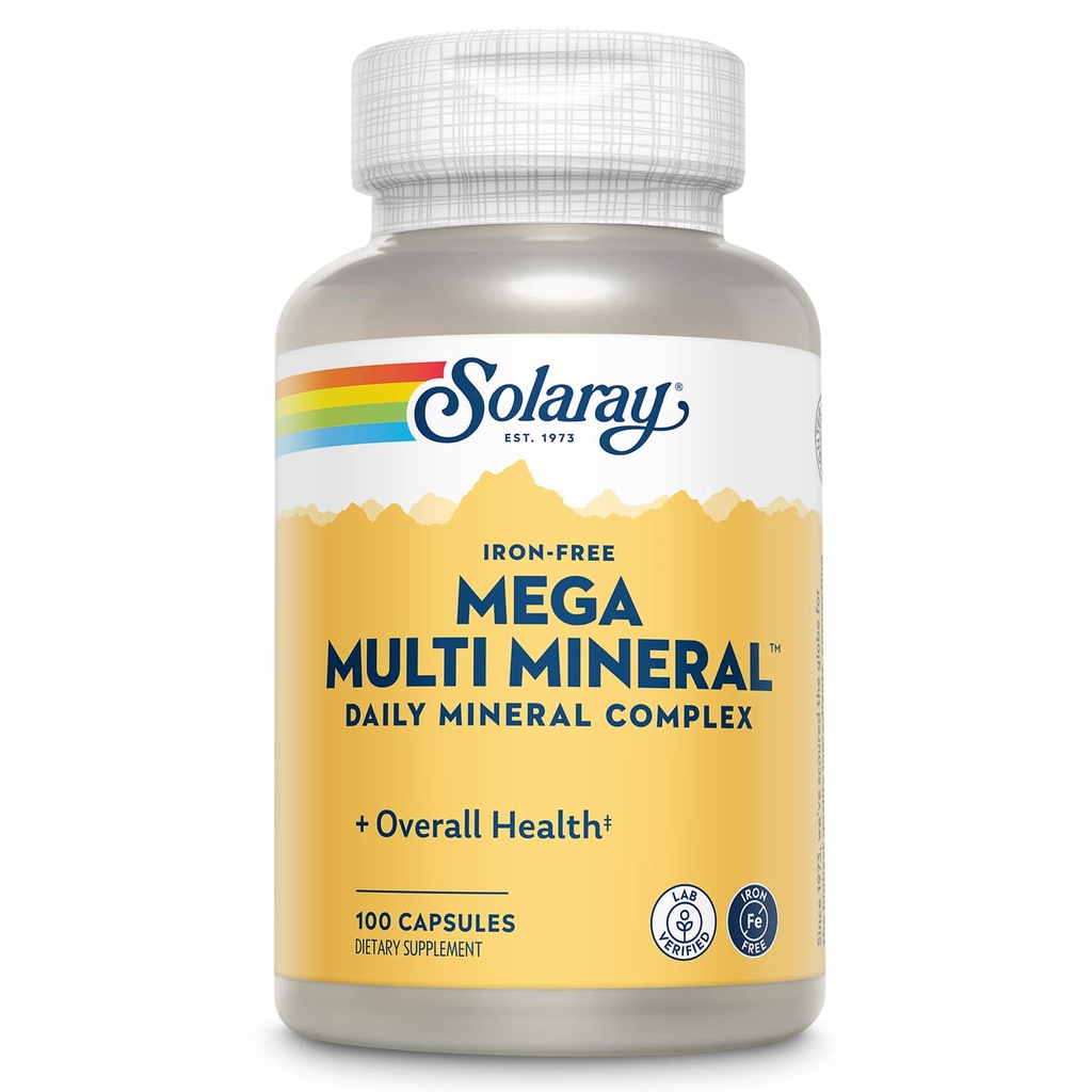 SOLARAY Mega Multi Mineral Daily Complex - Supplement for Women and Men, Contains Trace Minerals, Electrolytes, Selenium, Iodine, Boron, Zinc, Calcium, Iron-Free - 100 Ct Veg Caps