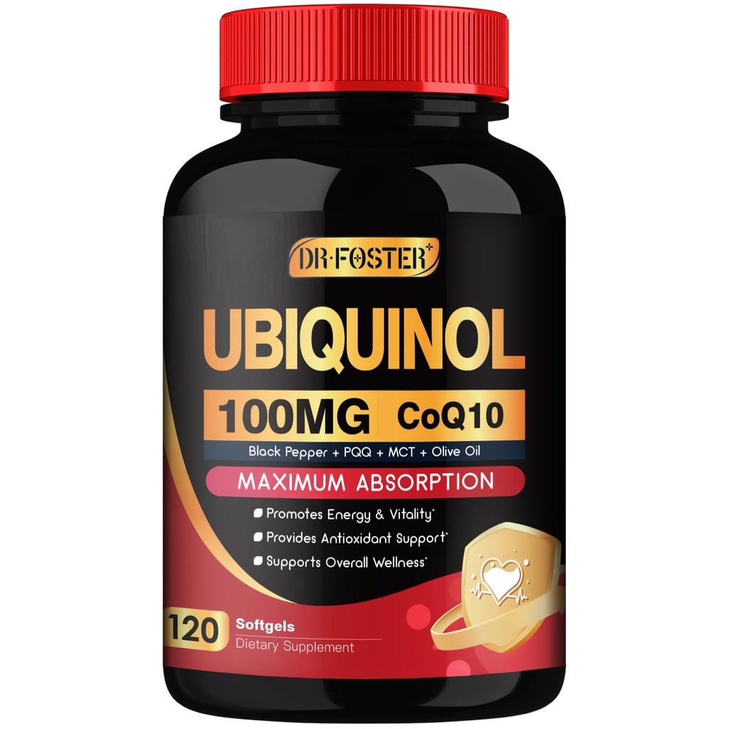 DRFOSTER CoQ10 100mg Ubiquinol - Coenzyme Q10 Co Q 10 Supplement Cq10 with PQQ & Vitamin E & Black Pepper - 120 Count