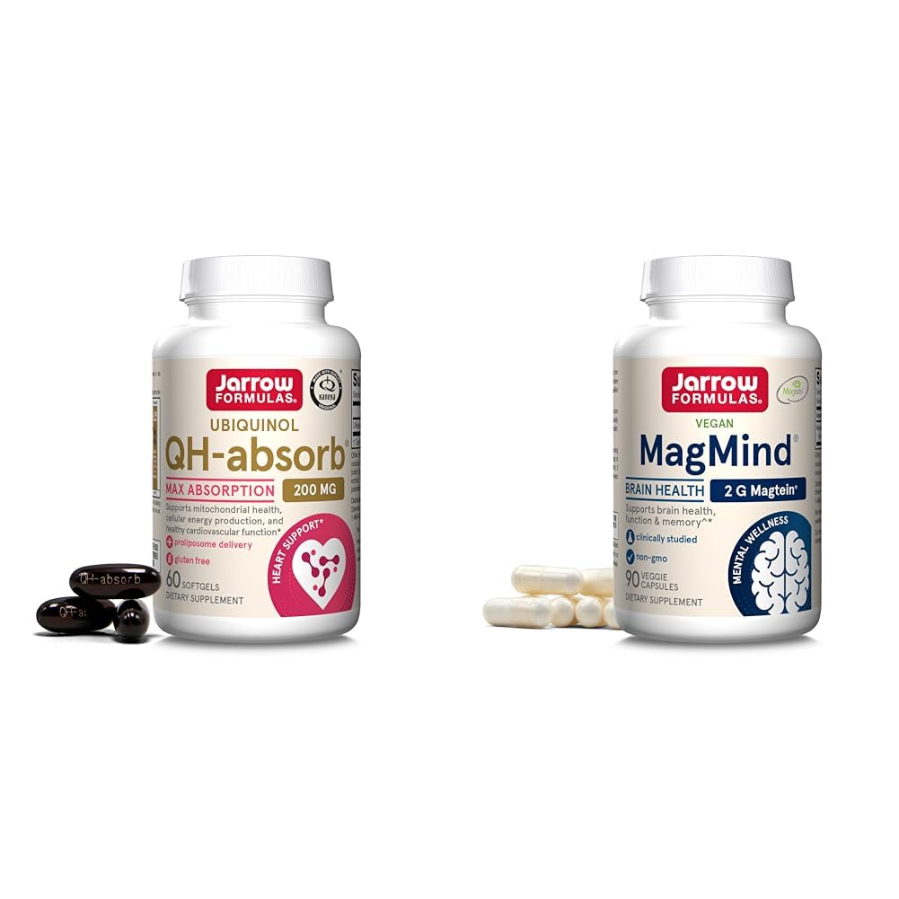 Jarrow Formulas QH-Absorb 200 mg - High Absorption Co-Q10 - Active Antioxidant Form & MagMind Brain Health with Magtein (Magnesium L-Threonate), Dietary Supplement