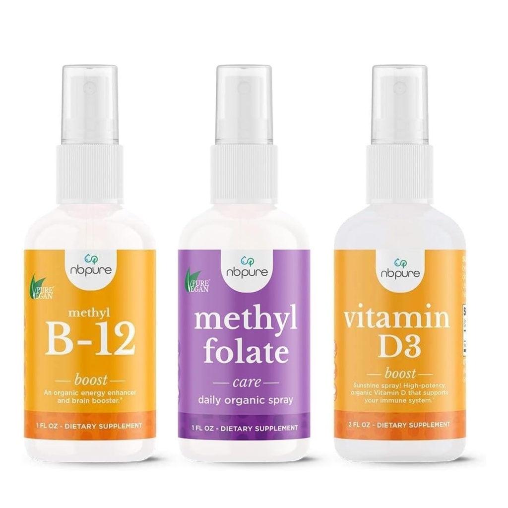 Pure Vegan nbpure Essential Vitamin Spray Bundle – Organic Methyl B12, Vitamin D3 & Methylfolate B9 – Natural Energy, Mood, Immunity & Nerve Support – Easy-to-Use Liquid Spray for Women, Men & Kids