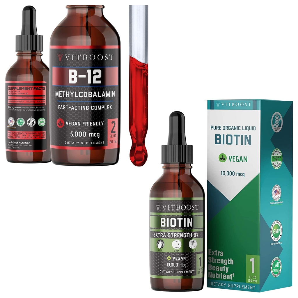VITBOOST Vegan Liquid B12 Drops 60 x 5000mcg Extra Strength Raspberry Flavored VIT B12 Liquid Methylcobalamin sublingual Supplement & Extra Strength 10,000mcg Biotin Liquid Drops Organic Berry Flavor