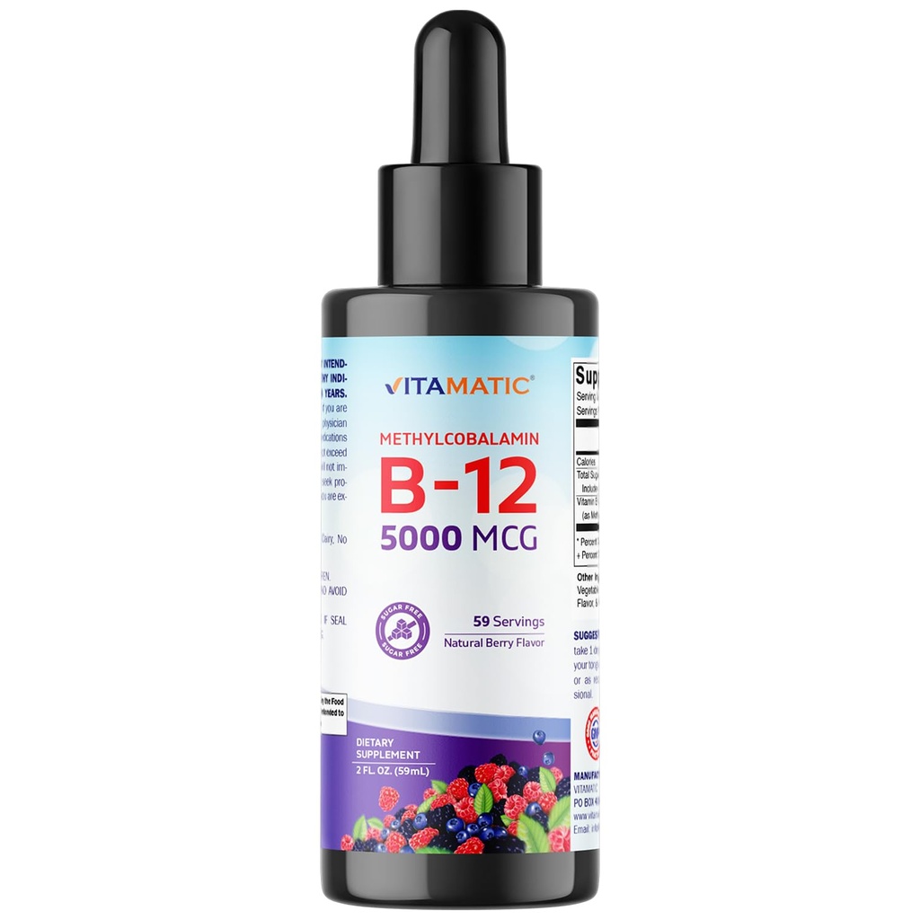 Vitamatic Fast-Acting Liquid Vitamin B12 – 5000 mcg Methylcobalamin – Natural Berry Flavor – Sublingual Formula for Enhanced Absorption – 2 fl oz