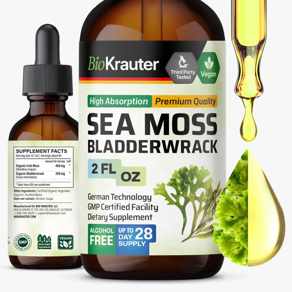 BIO KRAUTER® 2-in-1 Sea Moss Seaweed Supplement - Vegan Bladderwrack & Sea Moss Drops for Women & Men - Used for Skin, Gut & Digestive Support - Natural Сhondrus Сrispus 2 Fl.Oz.