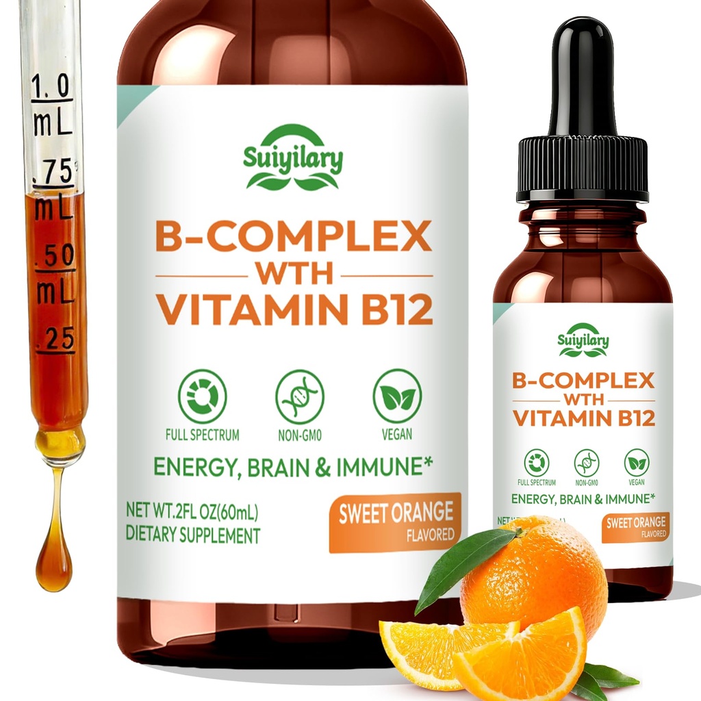 Suiyilary Vitamin B Complex Liquid Drops, B12 Methylcobalamin, B9 Folic, Vitamin C, Immune, Energy Metabolism, Brain & Heart Support, Orange Flavor, 60ml