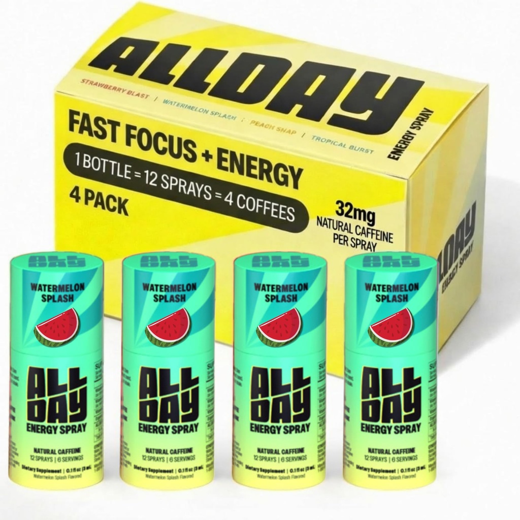 ALLDAY Focus + Energy Spray | Natural Caffeine + L-Theanine + Essential Vitamins | 0 Calorie, 0 Sugar | 12 Spray Bottle | Faster, Cleaner, Smoother Energy* (4 Pack Variety)
