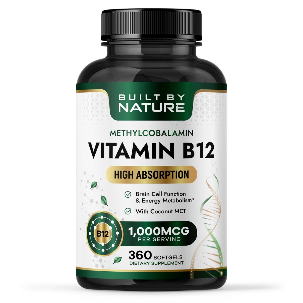 Built by Nature Vitamin B12 1000 mcg Methylcobalamin - Extra Strength Fast Dissolve Soft Gels for Energy Metabolism & Nervous System Health - Non GMO -1 Year Supply - 360 Softgels