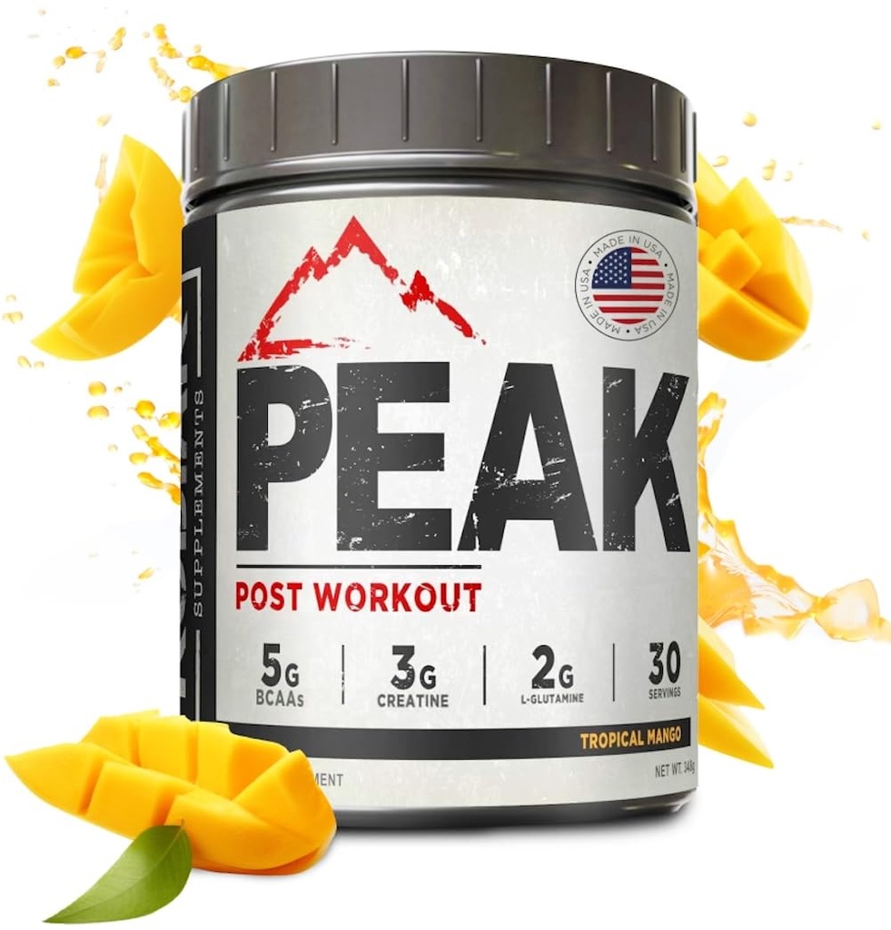 Peak Post Workout - BCAA 2:1:1 Creatine - Glutamine - Muscle Recovery and Strength Building Supplement - 30 Servings - Tropical Mango