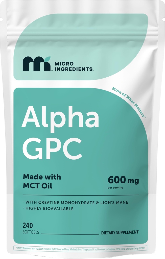 Micro Ingredients Alpha GPC 600mg per Serving with MCT Oil, 240 Softgels – Bioavailable Choline Supplement with Creatine Monohydrate & Lion’s Mane – Non‑GMO, cGMP Manufactured