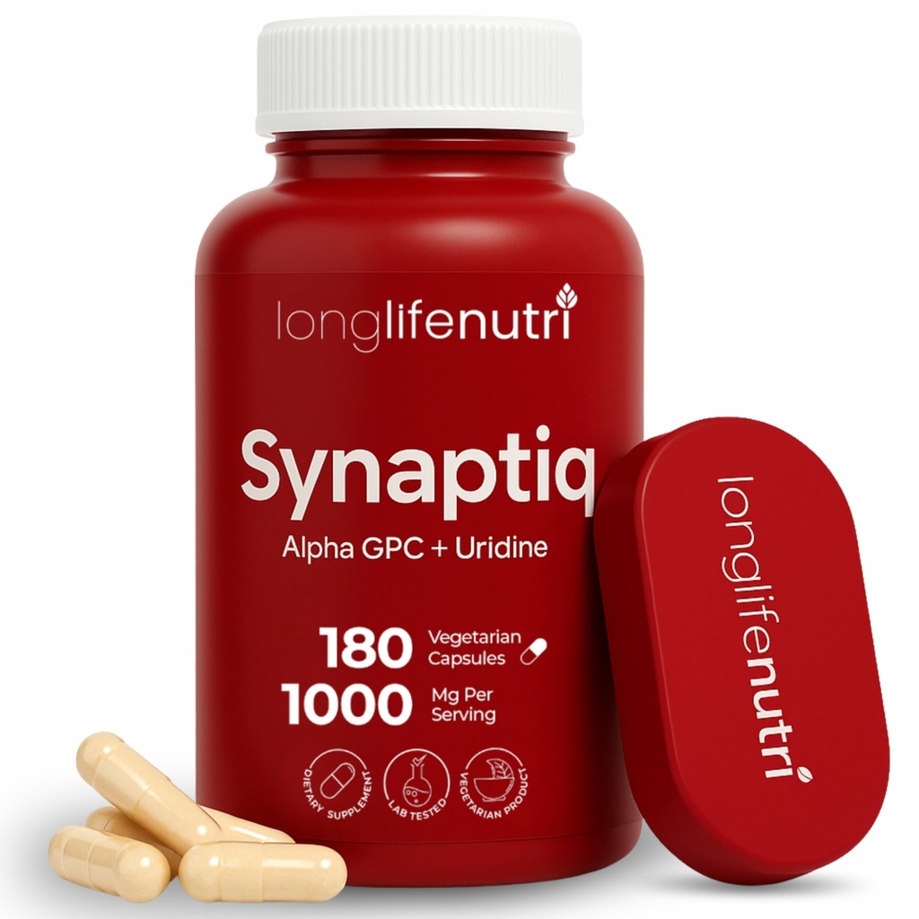 Synaptiq 1000mg (Alpha GPC + Uridine Monophosphate 600mg/400mg) - Nootropic Choline Supplement, 180 Vegetarian Capsules, 3-Month Supply, For Focus & Productivity, GMP Certified, Made in USA