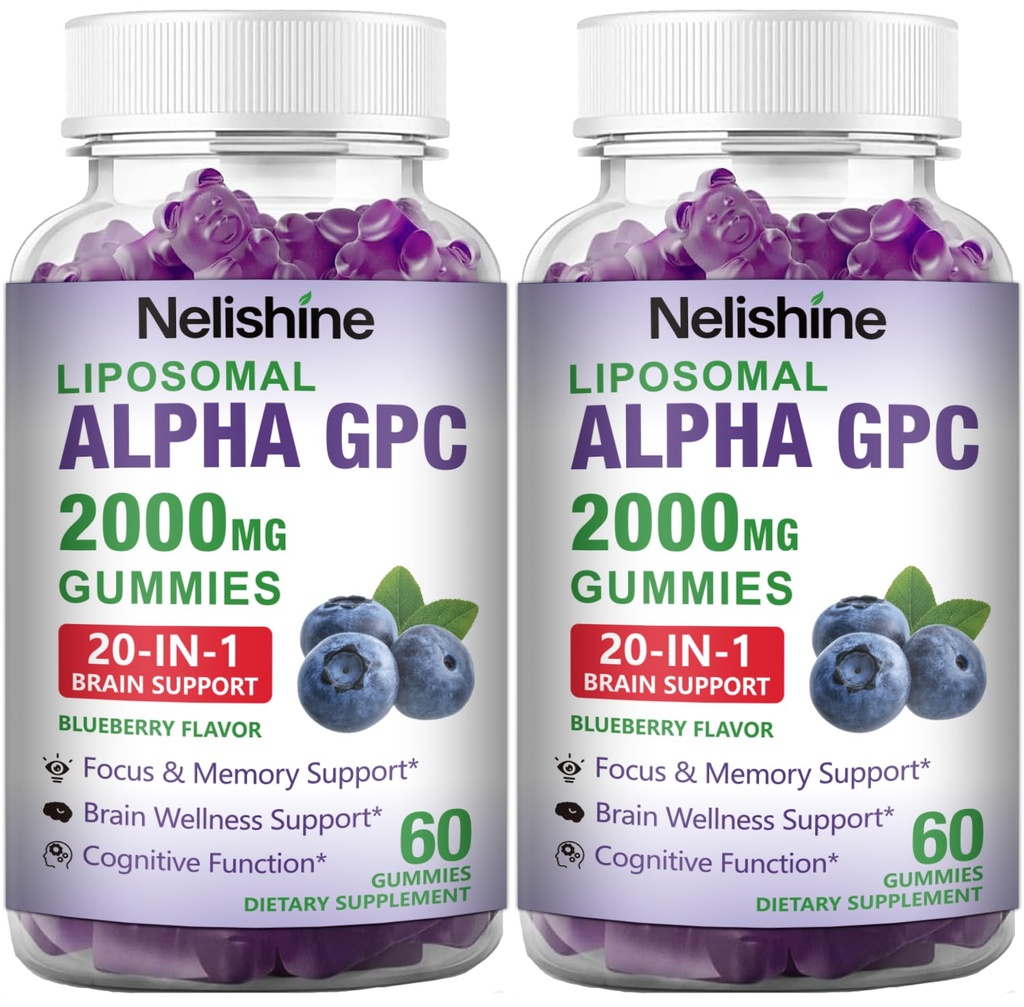 2 Pack Liposomal Alpha GPC 2000mg & Citicoline Gummies Complex Phosphatidylserine,Ginkgo Biloba,L-Tyrosine,Huperzine A & B Vitamins,20-in-1 Blend for Focus, Memory & Cognitive Support