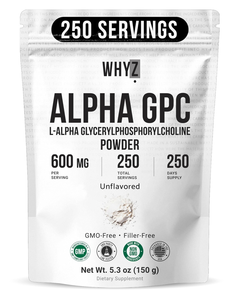Alpha GPC Powder Alpha-Phosphorylcholine Choline Supplement Unflavored, Fine Powder for Smooth Mixing Non-GMO Vegan Additive-Free Gluten-Free, 150g (5.3 oz)