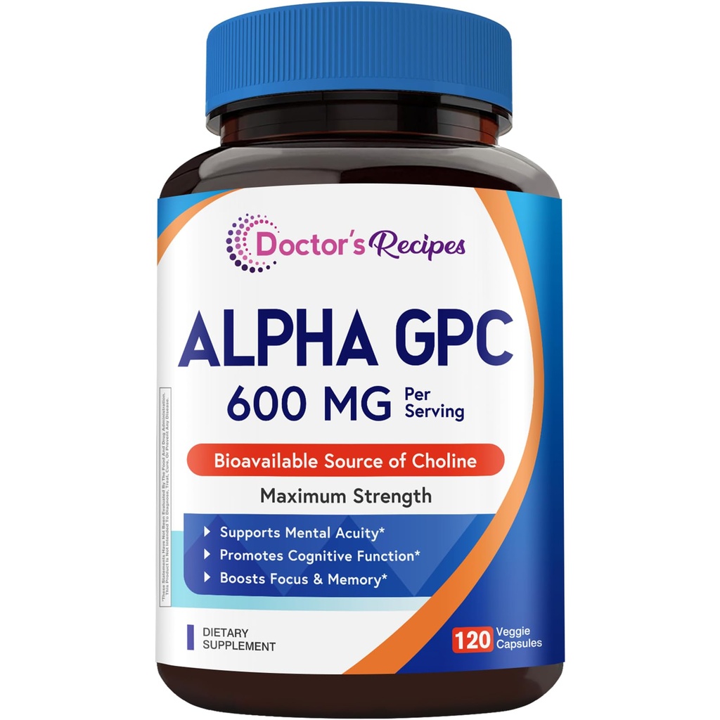 Doctor's Recipes Alpha GPC Choline Supplement 600 mg, Highly Bioavailable Source of Choline, Non-GMO, No Gluten, Memory, Focus, Cognitive Support for Women & Men, 120 Veggie Capsules