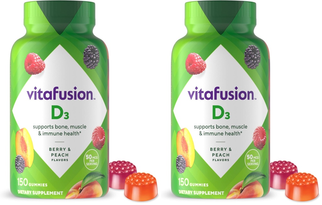 Vitafusion Vitamin D3 Gummies,Bone and Immune Support,Peach,BlackBerry,Strawberry Flavored,50 mcg D3 Gummy Vitamin Supplement,75 Day Supply,150 Count (Pack of 2)