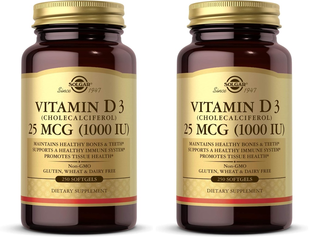 Solgar Vitamin D3 (Cholecalciferol) 25 MCG (1000 IU), 250 Softgels - Helps Maintain Healthy Bones & Teeth - Immune System Support - Non-GMO, Gluten-Free, Dairy Free - 250 Servings, (Pack of 2)