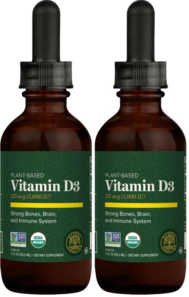Global Healing Organic Vitamin D3 5000 IU Supplement - Vegan Vitamin D Supplements for Immune Health & Strong Bones Support - Pure D3 Vitamin 5000 IU Ingredients, VIT D3-2 Fl Oz (Pack of 2)