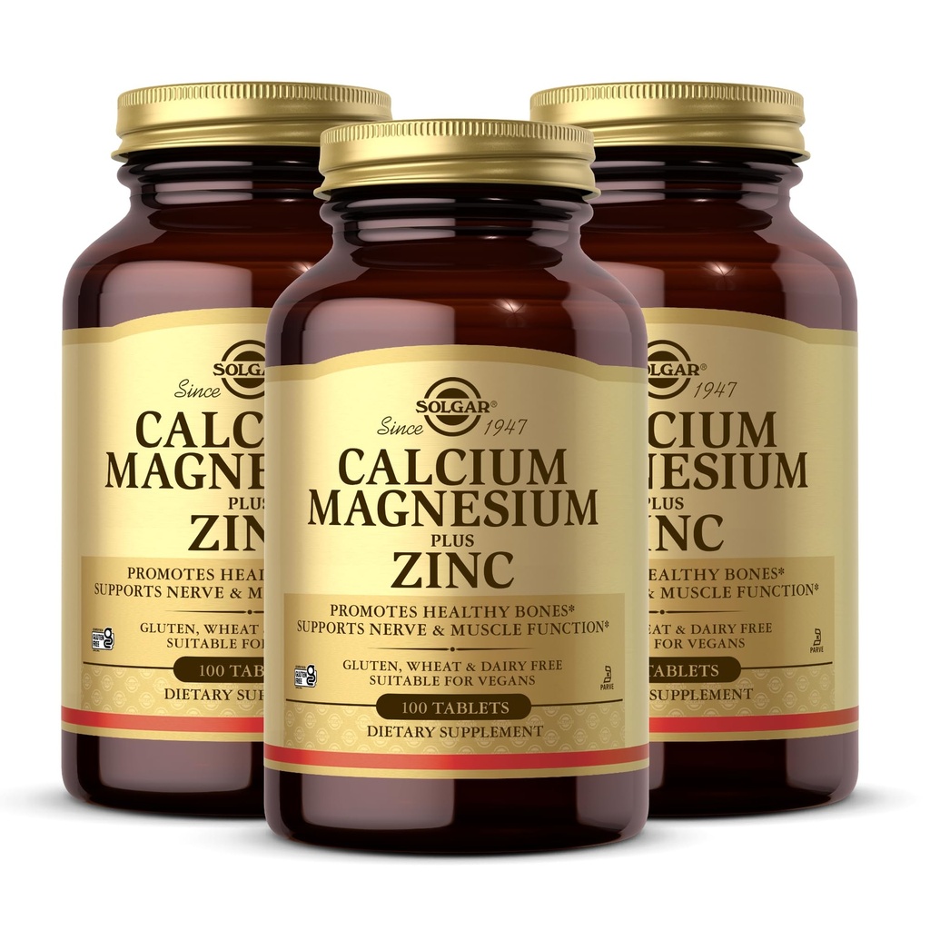 Solgar Calcium Magnesium Plus Zinc, 100 Tablets (Pack of 3) - Promotes Healthy Bones and Teeth - Supports Nerve & Muscle Function - Non-GMO, Vegan, Gluten Free, Dairy Free, Kosher - 100 Total Servings