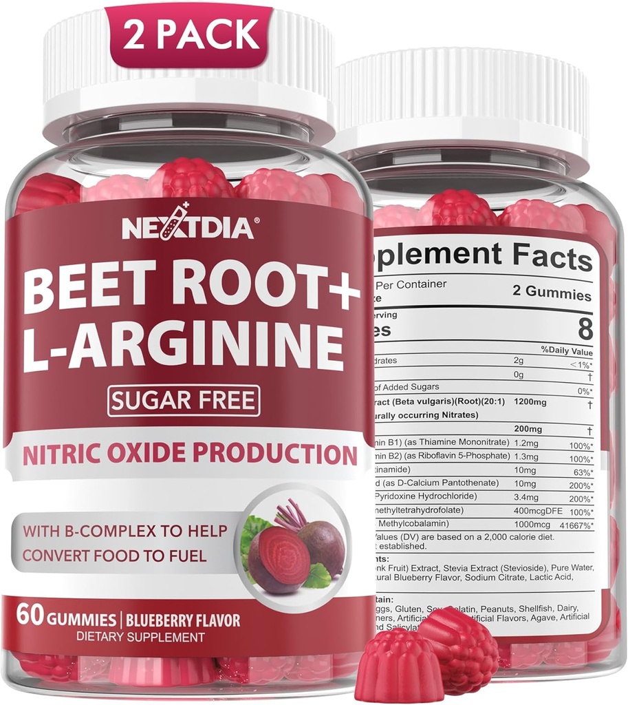 Beet Root Gummys & L-Arginine, Nitric Oxide Supplements for Men & Men & Women w/Organic Beets, B1, B2, B3, B5, B6, Folate, B12 for Energy Boost & 流通支持,无糖, 120 Cts