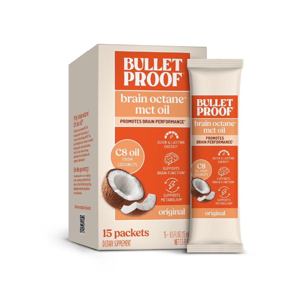 Bulletproof Brain Octane C8 MCT Oil Packets, Pack of 15 – 100% Pure Coconut Oil, Triple-Distilled Keto Energy Supplement for Coffee & Smoothies, Unflavored, No Additives or Fillers, Non-GMO