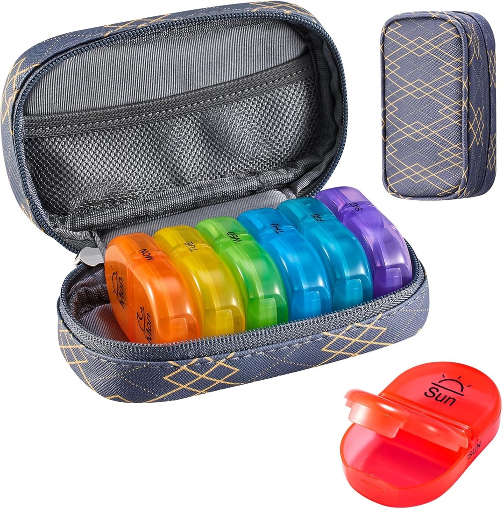 Serfeymi Weekly Travel Pill Organizer 2 Times A Day AM PM hobetua Rainbow Pill Box 7 Day Zipper PU Leather Pill Case, Medicine Organizer for Pills, Vitamins, Fish Oil - Lines 01