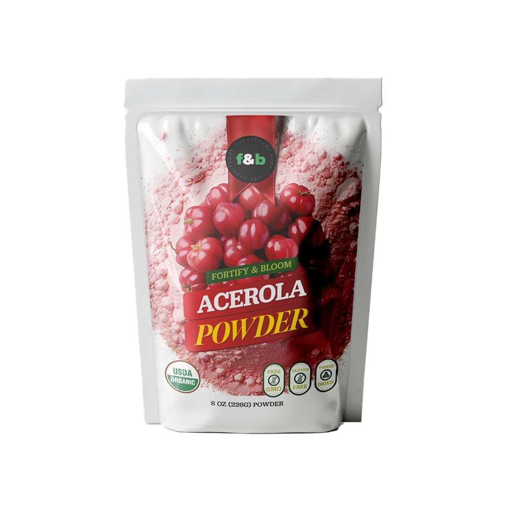 f&b superfoods Pure Organic Acerola Cherry Powder Freeze Dried (8oz), Organic Vitamin C Powder for Immune System Booster, Smoothie, Cherry Juice, acerola Vitamin c Bulk Powder, Brazil Origin.