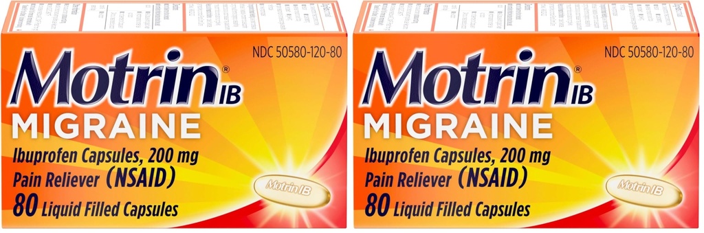 Motrin IB Migraine Relief Liquid Gel Capsules with 200 mg Ibuprofen per Capsule, Fast & Effective Migraine Headache Medicine with NSAID Pain Reliever Ibuprofen, Caffeine-Free, 80 ct, (Pack of 2)