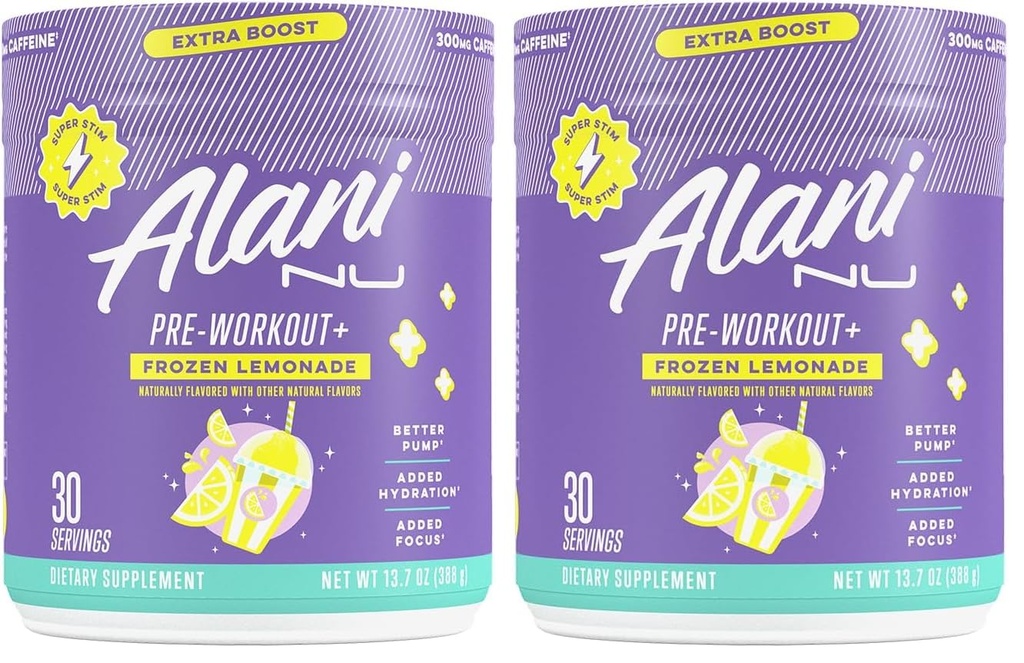 Alani Nu Pre Workout+ Powder Frozen Lemonade, Extra Boost, Sugar Free, 300mg Caffeine, L-Theanine, Beta-Alanine, Citrulline, 30 Servings, (Pack of 2)