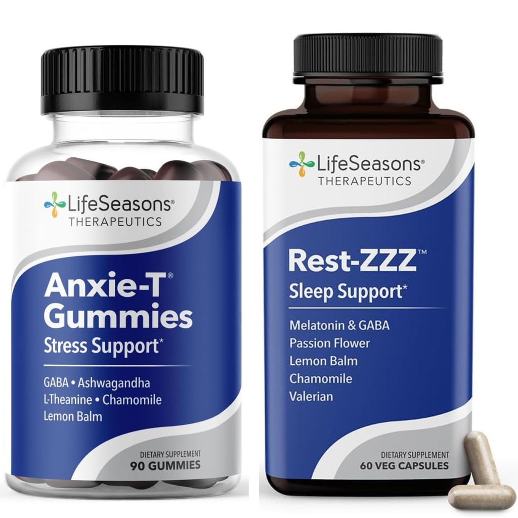 LifeSeasons Anxie-T Gummies + Rest-ZZZ Bundle – Day & Night Calm and Sleep Support – Reduce Stress, Ease Tension, Fall Asleep & Stay Asleep – Ashwagandha, GABA, L-Theanine – 90 Gummies + 60 Capsules
